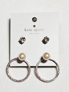 kate spade Rose Gold Crystal & Pearl Hoop Drop Earrings Set NWT